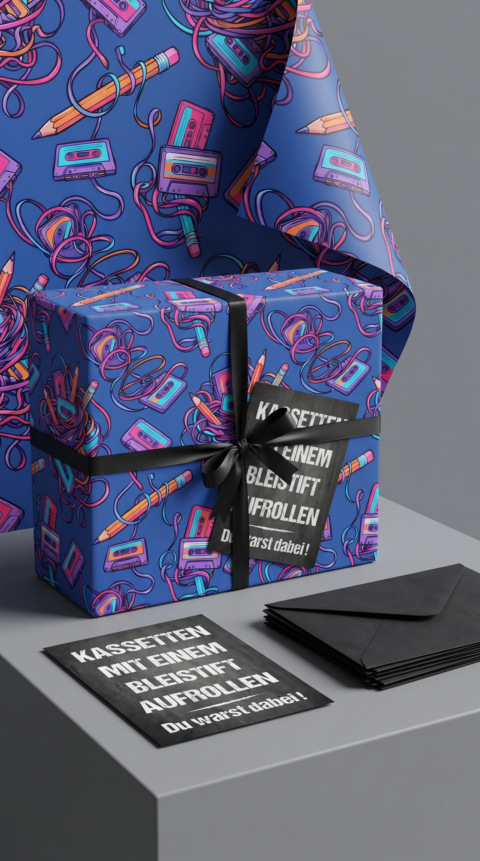 Retro Geschenkpapier Set Kassette Mixtape, 3x Vintage Geschenkverpackung DIN A 2, 3x Geburtstags Karte inkl. Umschlägen Du warst dabei